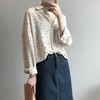 

Splattered Floral Chiffon Shirt Loose Retro Beige Black Summer Top Tops Blouse Vintage Blusas