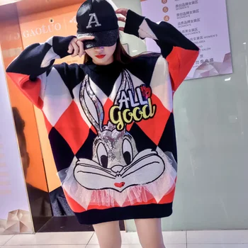 

Western style sweater sets female European cartoon languid is lazy wind of autumn new fund loose knit wear popular logo