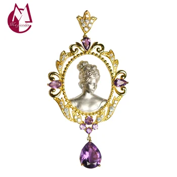 

European Portrait Amethyst Pure 925 Sterling Silver Inlaid Natural Stone Necklace Pendant Jewelry Women Bijoux Femme 2020 P01