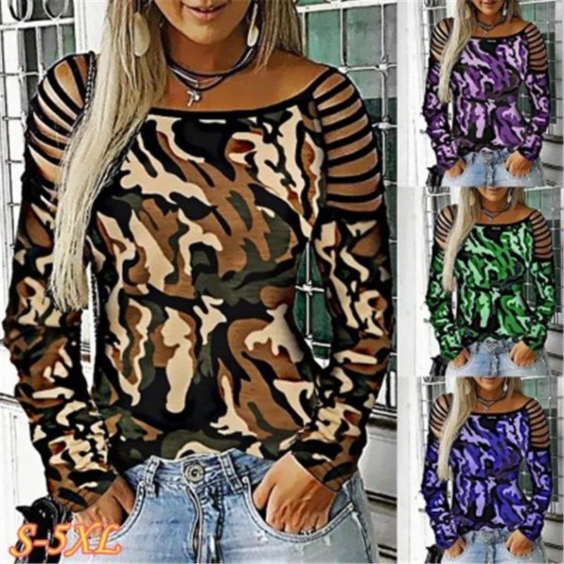 

2019 European and American Autumn and Winter Fashion Camouflage Printing Off Shoulder Strap Long Sleeve Large T-Shirt Top Women