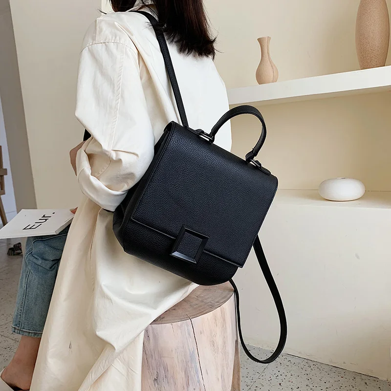 Women's PU Leather Backpack Door Lock Bag Casual Simple Double Shoulder Student Backpack Fashionable Large Capacity Travel Bag