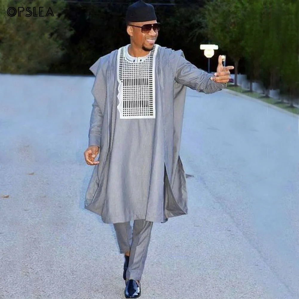 

Opslea Agbada African Men Plus Size Embroidery Tops Pants Outfit Bazin Riche 3PCS Suits Dashiki Africa Traditional Gray Clothing