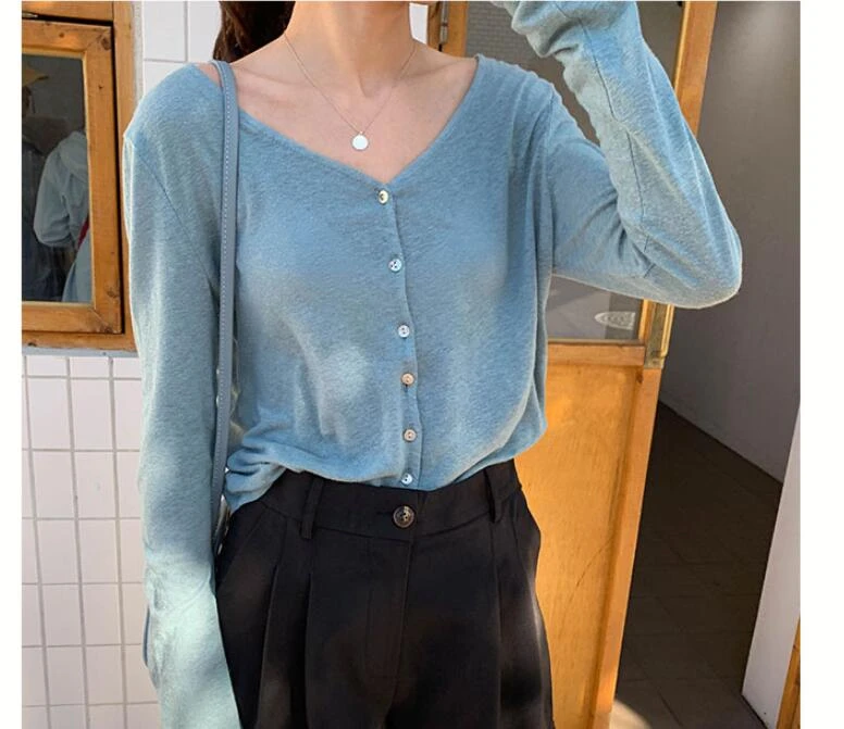 2019 Woman Thin Blue Cardigan Slim Solid Color Bamboo Cotton Cardigan ...