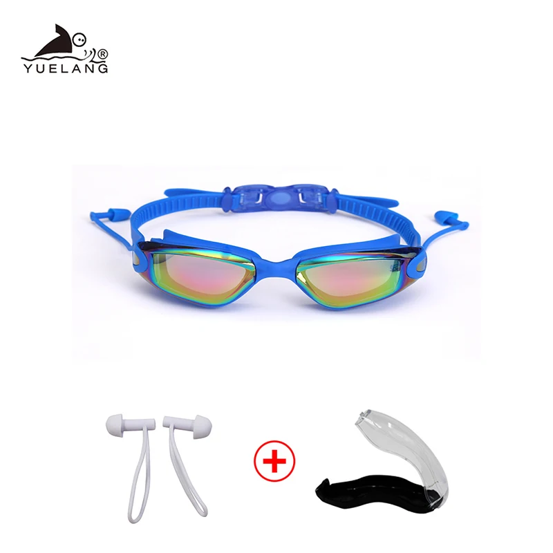 100 шт плавательные очки затычки для ушей водонепроницаемые очки HD анти-туман Анти-УФ тяга Пряжка взрослые силиконовые очки гальванические - Цвет: Синий