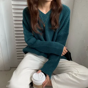 

New V neck Winter Sweater Women Pullover Girls Tops Vintage Autumn Elegant Female Knitted Outerwear Warm Sweater Oversize