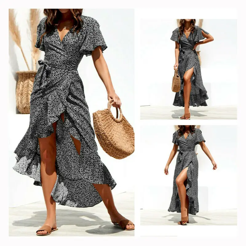 Летнее пляжное макси-платье женское с цветочным принтом Boho длинное шифоновое платье с оборками, повседневное, с v-образным вырезом, с разрезом, Сексуальные вечерние платья, Robe Femme
