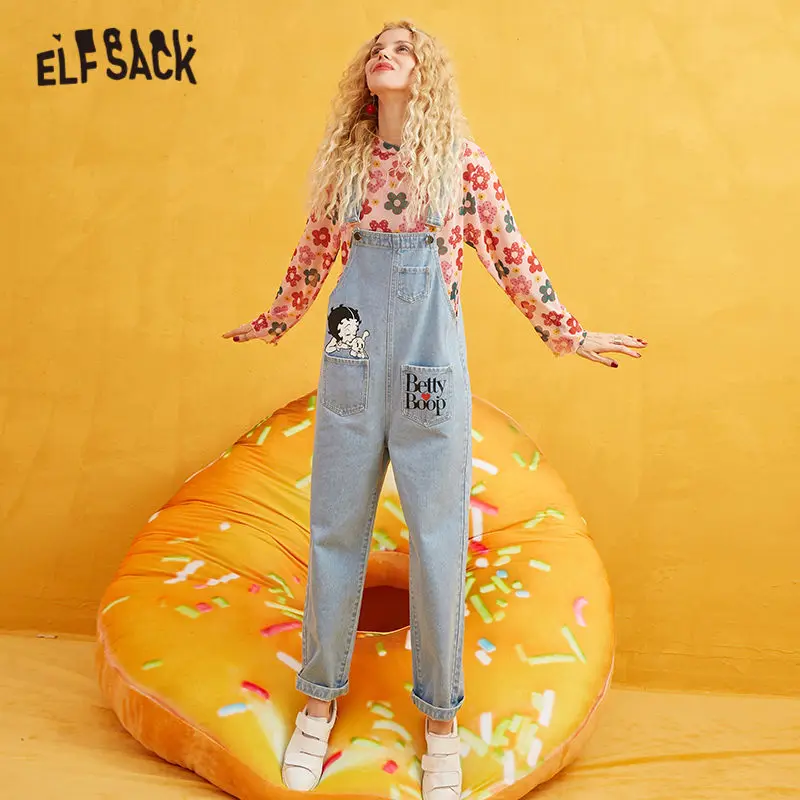 

ELF SACK Betty Printed Straight Leg Overalls Women Jeans 2019 Autumn Fashion Long Washed Casual Office Ladies