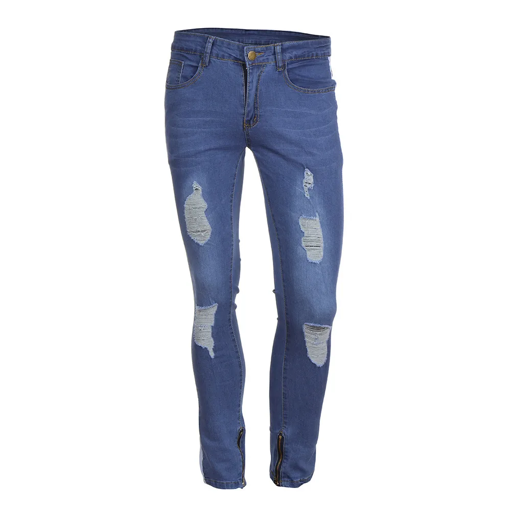 Men's pants Mens Stretch Denim Pants Distressed Ripped Freyed Slim Fit Zipper Jeans Trousers Drop Shipping