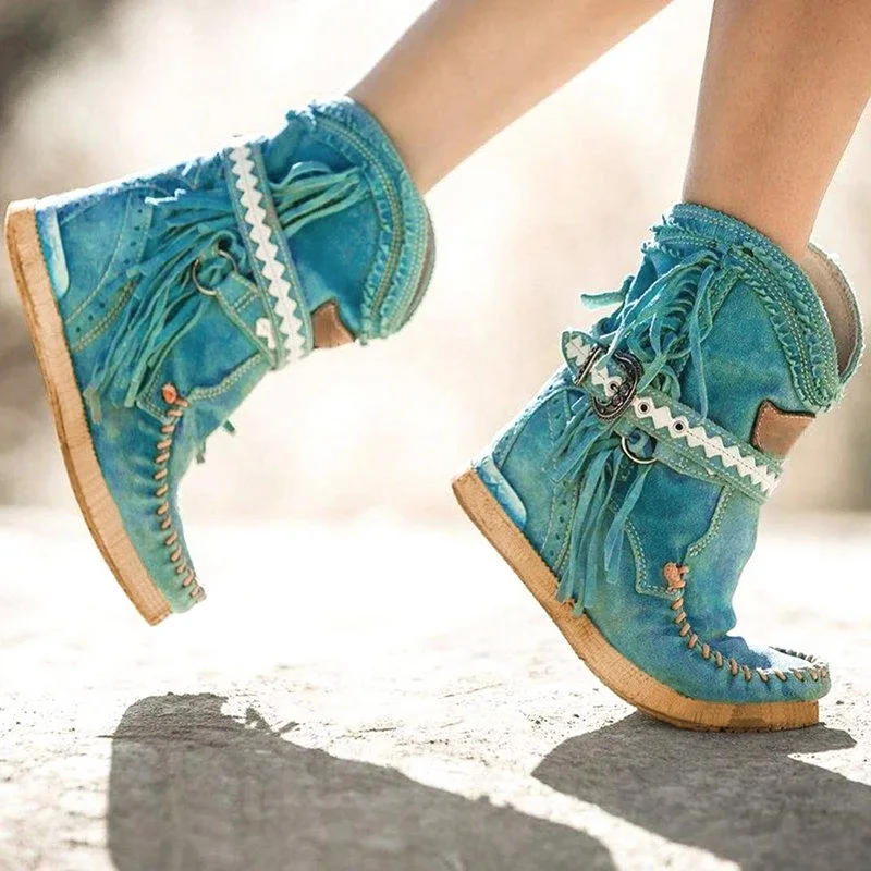 Fringe Middle Boots Women Sexy Tassel Boots Fashion Buckle Motorcycle Boots Flat Heel Boot Women Cowboy Style Bota Feminina - Цвет: blue