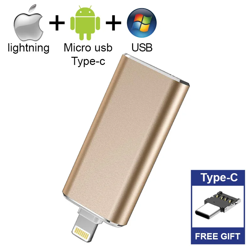 OTG USB флэш-накопитель для iPhone X/XS/8/7 Plus ipad металлический флеш-накопитель HD флеш-накопитель 8 Гб оперативной памяти, 16 Гб встроенной памяти, 32 ГБ, 64 ГБ, 128 ГБ подарок Тип-c адаптер