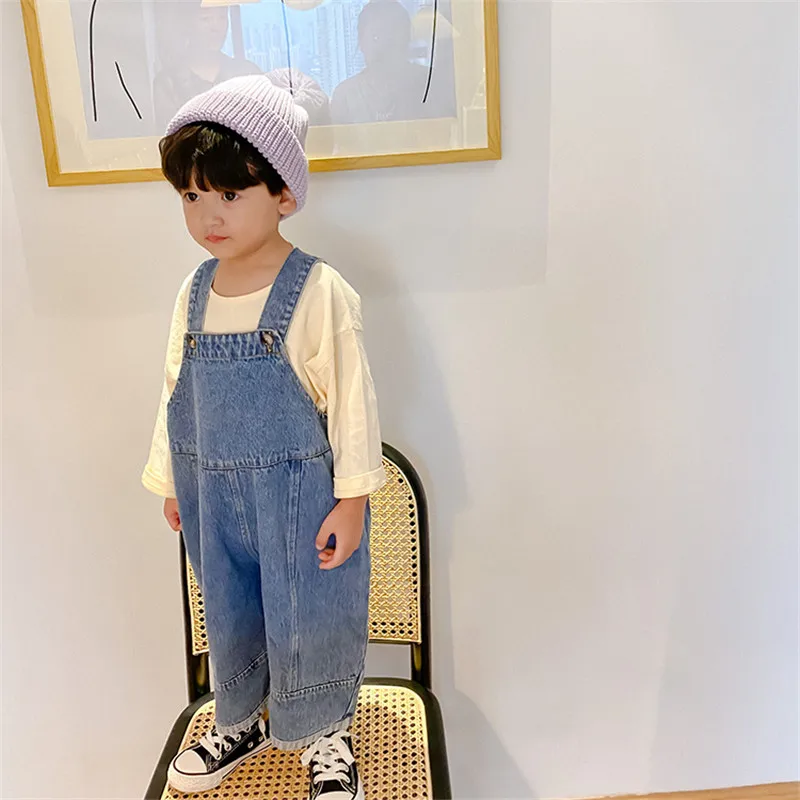 2024 New Children Loose Overalls boys girls casual all-match denim Trousers Spring Summer Solid Outwear 1-7Y Kids bib pants