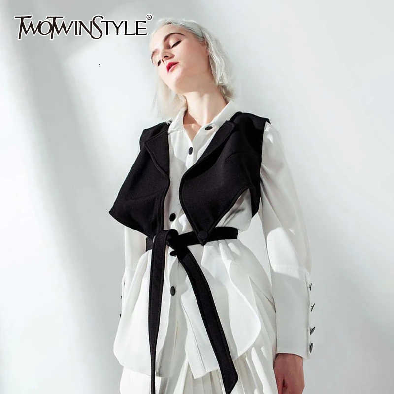 TWOTWINSTYLE Модный комплект из двух предметов женский воротник с лацканами фонарь длинный рукав рубашки на шнуровке короткий жилет женский комплект