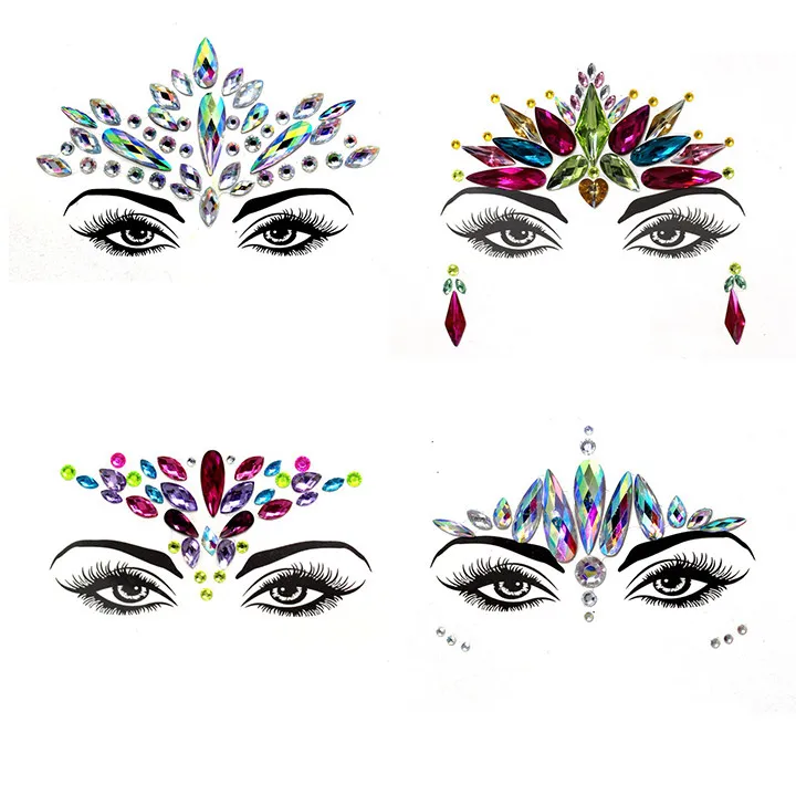 4  4pcs Glitter Face Jewelry Stickers Acrylic Rhinestone Festival Masquerade Party Temporary Tattoo Fashion DIY Jewelry Stickers