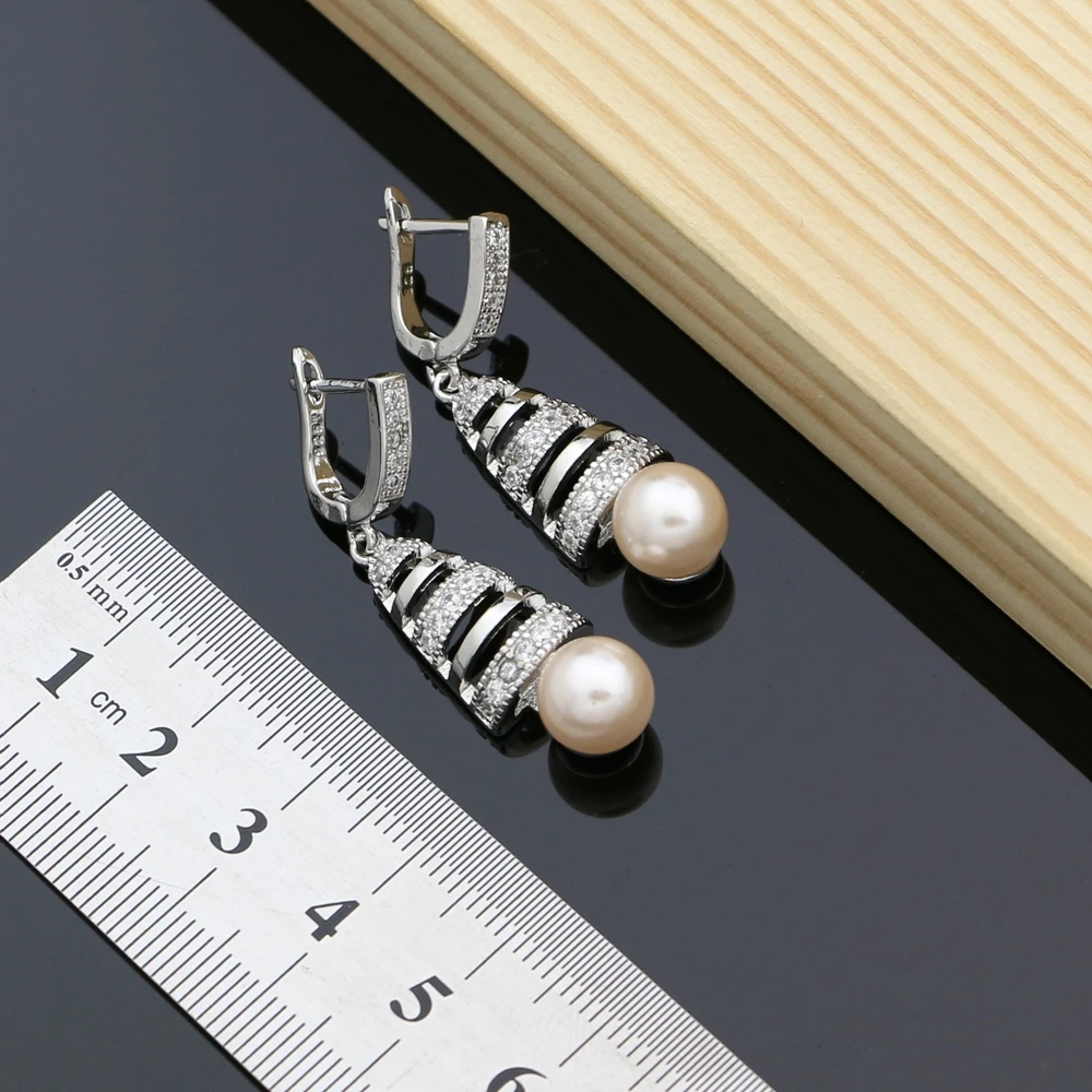 Pink Pearls Jewelry Sets 925 Silver Bridal Jewelry For Women Wedding Earrings/Pendant/Rings/Necklace Set - 3