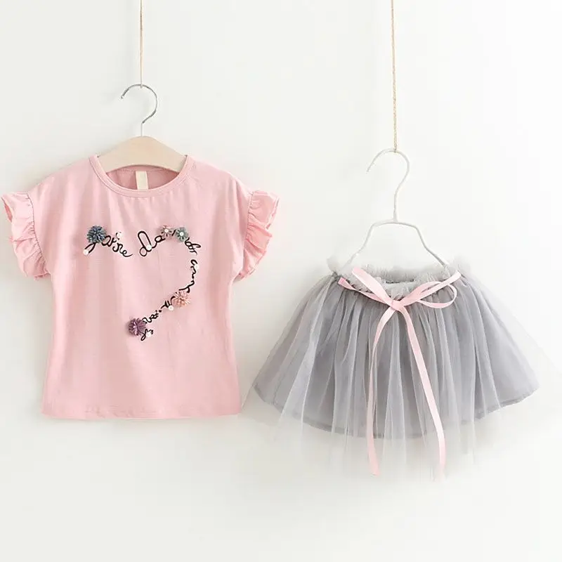 

New 2PCS Toddler Kids Girl Clothes Set Summer Short Sleeve Mini T-shirt Tops Mesh Waist Skirt Outfit Child Suit
