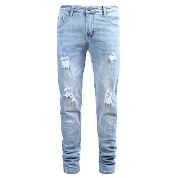 

Jeans Men's and Women's European and American Explosion Models Light Blue Large Size Straight Men's Trousers