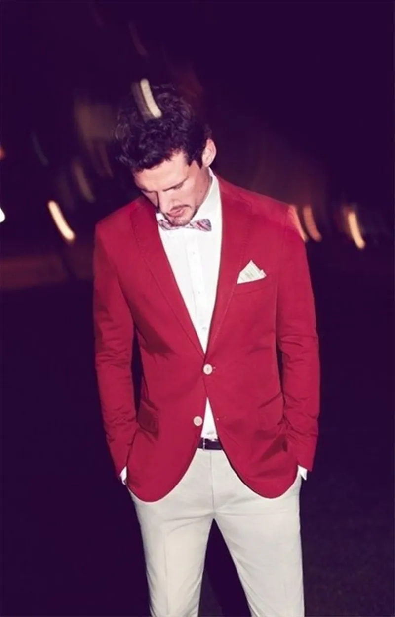 Casual Red And White Man Suit Slim Fit Groom Tuxedos 2 Piece Mens Wedding Prom Party Suits Bridegroom Groomsman Wear Jacket+Pant | Мужская