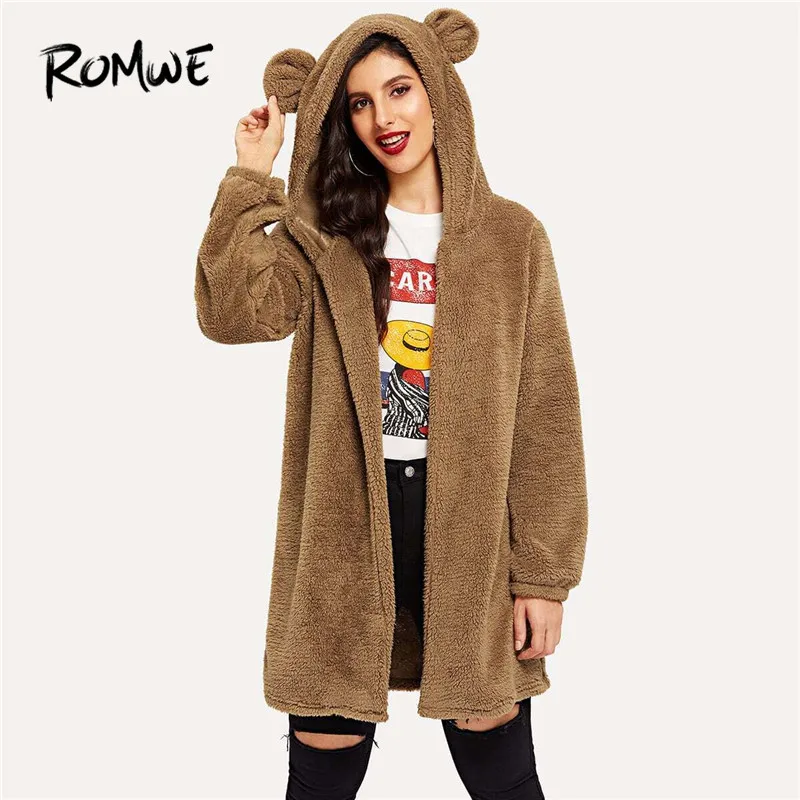 

ROMWE Open Front Hooded Teddy Coat Women Clothes Winter Jacket Camel Cute Solid Long Coat Ladies Teddy Bear Coat Jackets