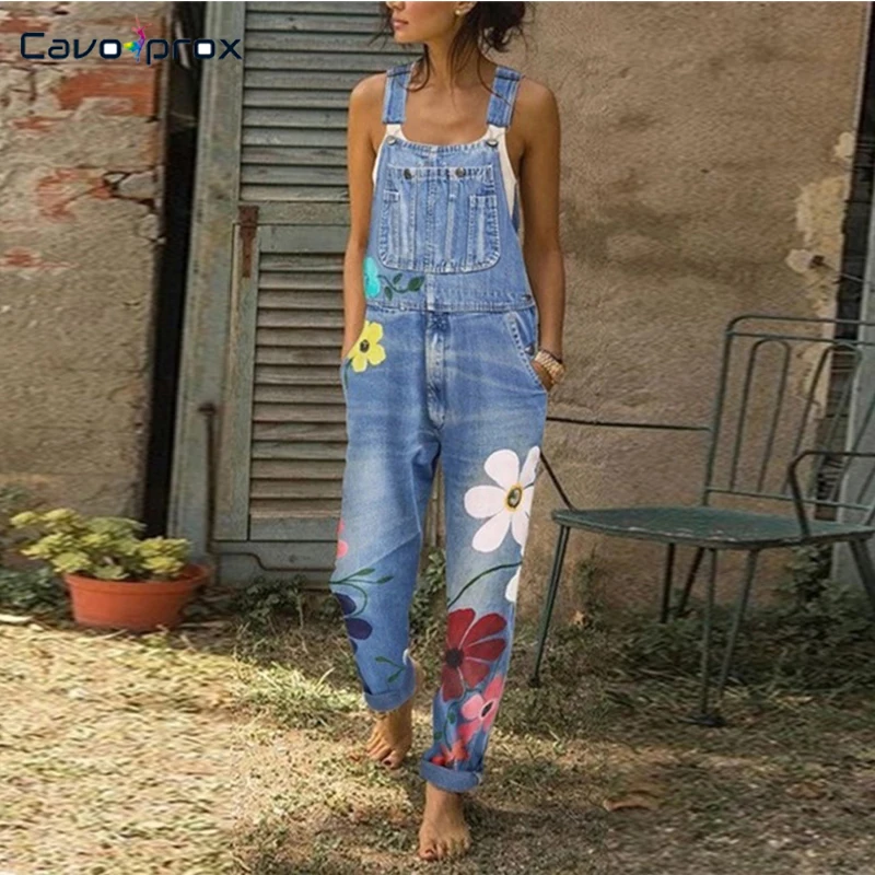 Женские джинсовые комбинезоны больших размеров с цветочным принтом на тонких бретельках, повседневные свободные стильные шикарные модные женские Комбинезоны для улицы