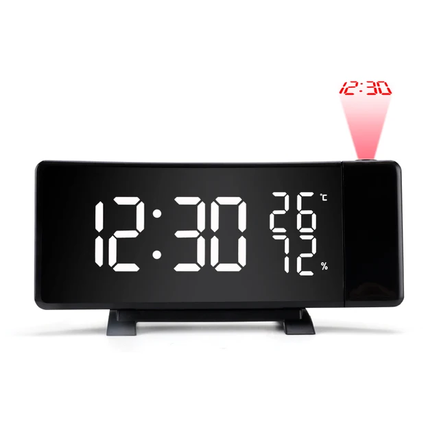 Reloj de Radio FM con proyección de tiempo en tres colores, pantalla curva Digital LED giratoria de 180 grados, termómetro, higrómetro, despertador 1