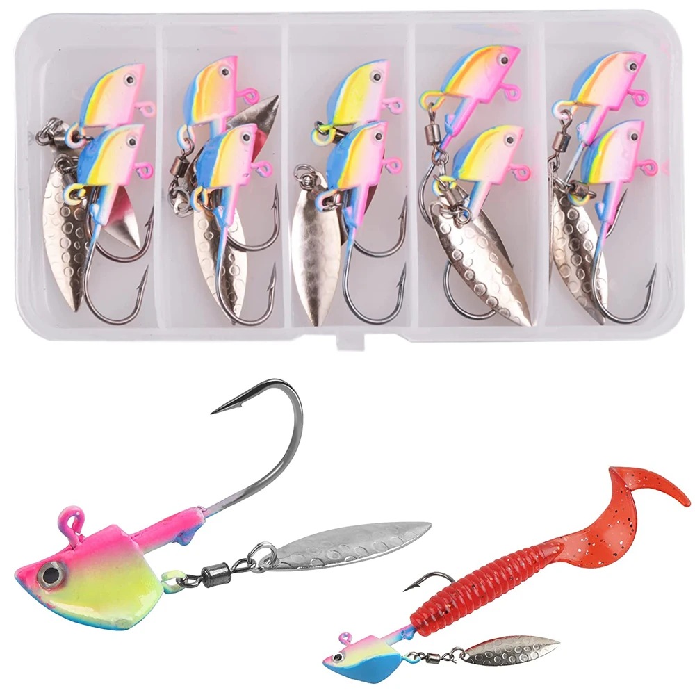 15PCS Underspin Jig Heads Swimbait Jig Hooks Underspins Bladed Swim Bait  Jigs 3D Eyes with Spinner