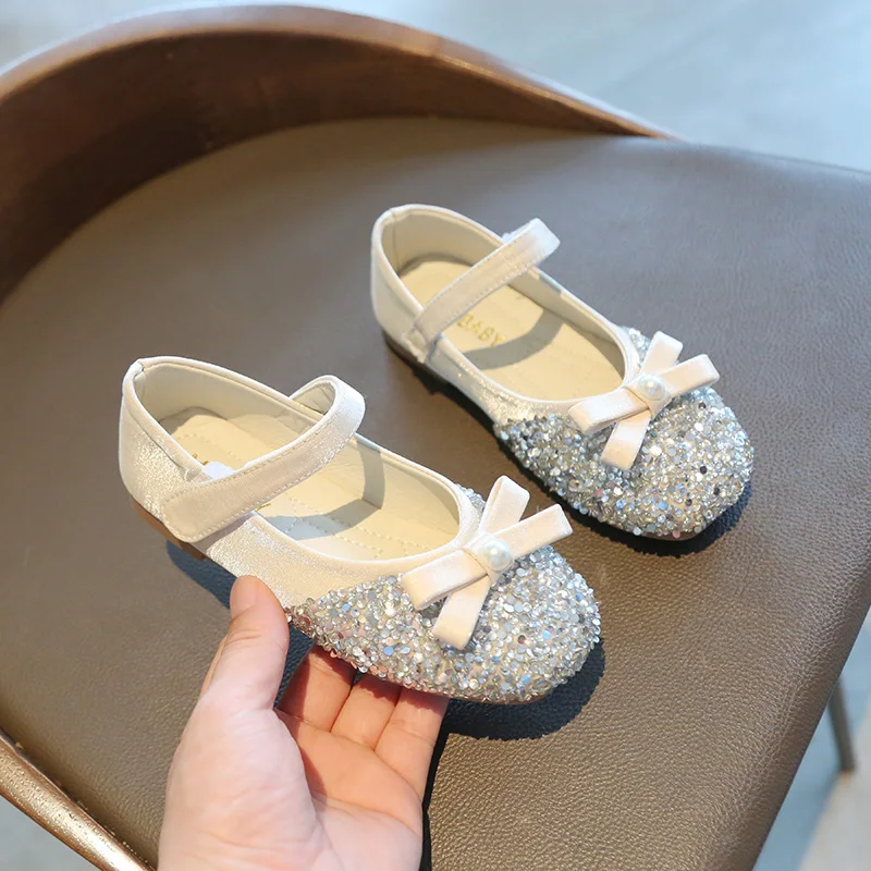 Spring Kids Leather Shoes Fashion Rhinestone Bowtie Girls Princess Shoes Bling Flat Baby Girl SMG155