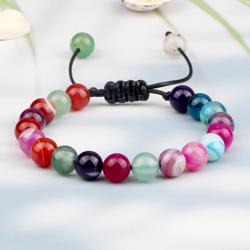 8mm Striped Agates Natural Stone Beads Bracelets Bangles Healing Chakra Prayer Buddha Bracelet