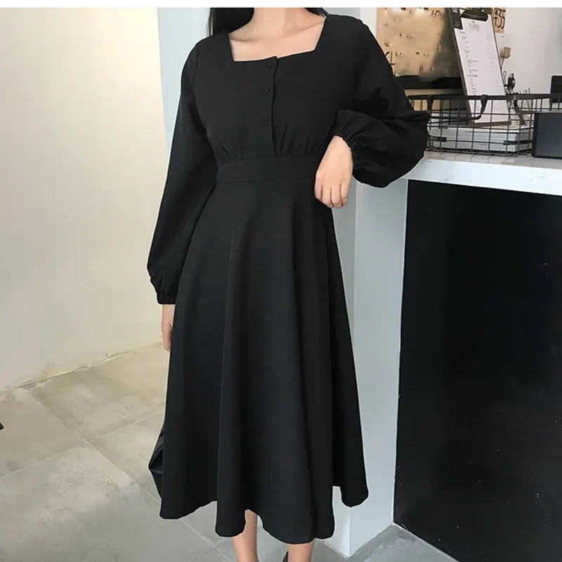 

2019 New Autumn Spring Women Vintage Square Collar Long Dresses Retro Buttons A-Line Maxi Dresses Female Clothing
