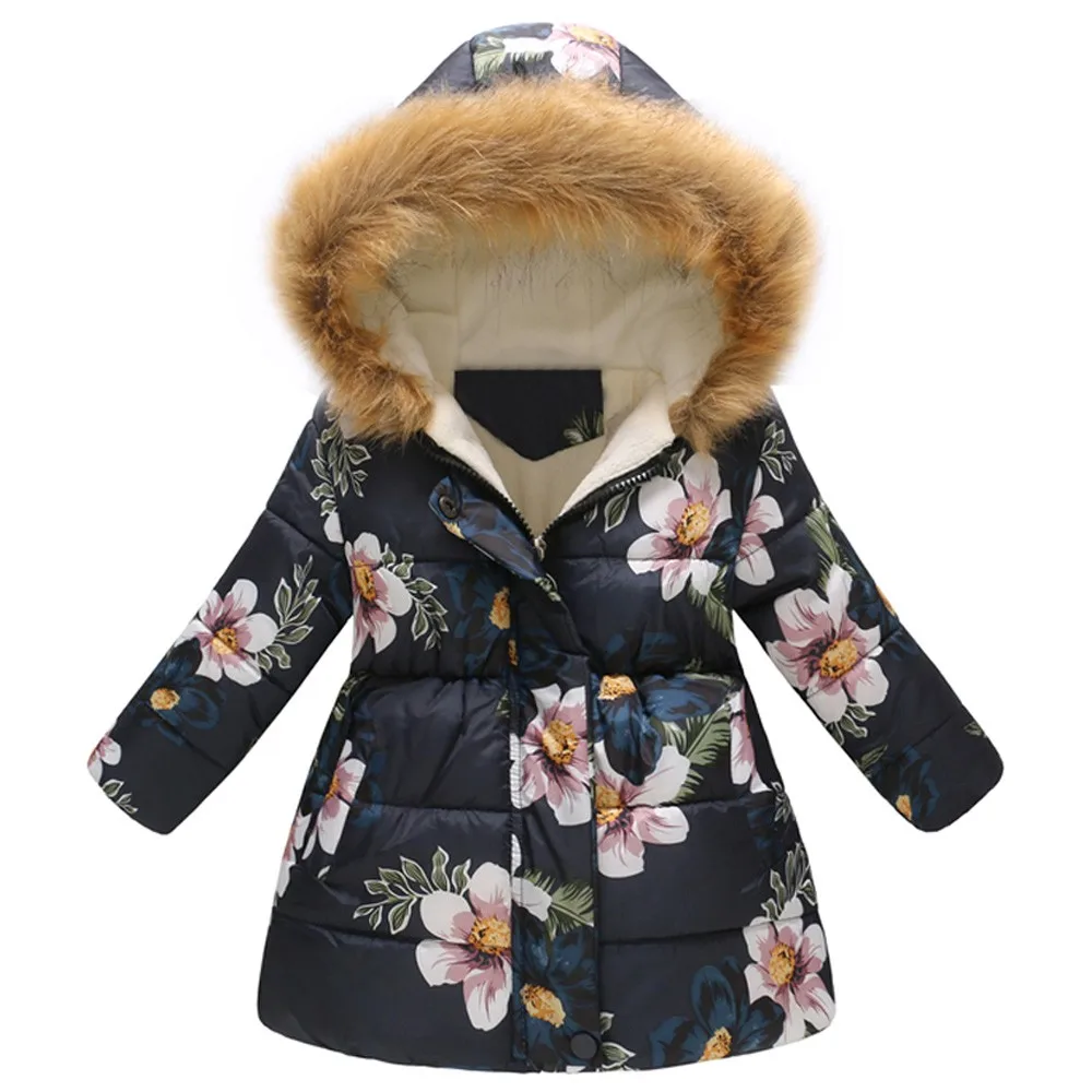 Зимнее пальто для маленьких девочек; коллекция года; теплая зимняя куртка с цветочным принтом и бабочками для маленьких девочек и мальчиков; ветрозащитное пальто с капюшоном; Верхняя одежда для девочек - Цвет: H