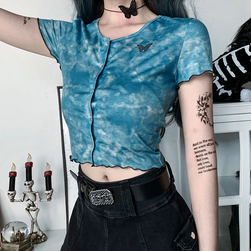 Blue Tye Die T Shirt Women Streetwear Harujuku Embroidery Butterfly Crop Top Button Tee Shirt Femme 90s Gothic Korean Clothes