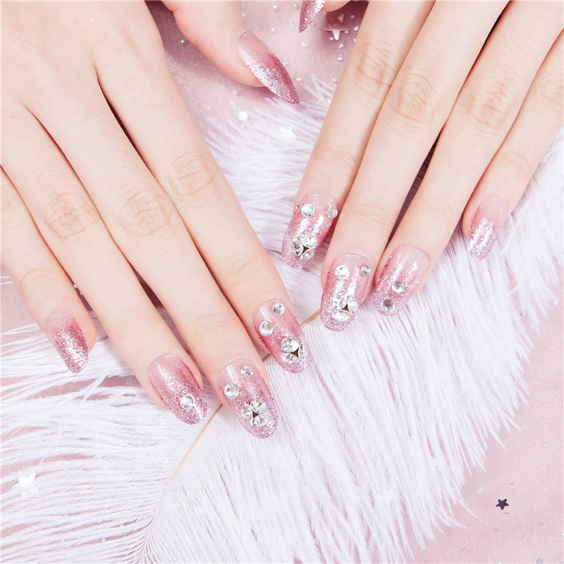 24pcs Set Middle Long Purple Fake Nails Pretty Round Rhinestone Press On Nails Glue Sticker Beauty Artificial Bride Nail Art False Nails Aliexpress
