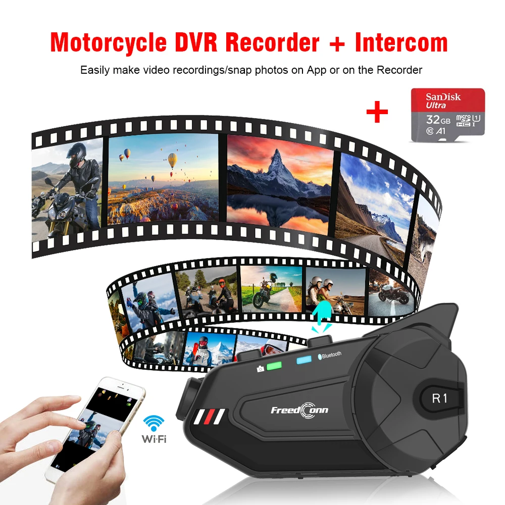 Freedconn WiFi видеорегистратор для мотоцикла 1080P Full HD Водонепроницаемая камера