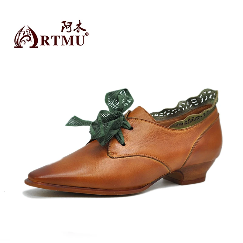 Artmu/оригинальная женская обувь из натуральной кожи в стиле ретро Обувь ручной работы на толстом каблуке, на шнуровке, на низком каблуке, с квадратным носком, с перекрестной шнуровкой 5799-2