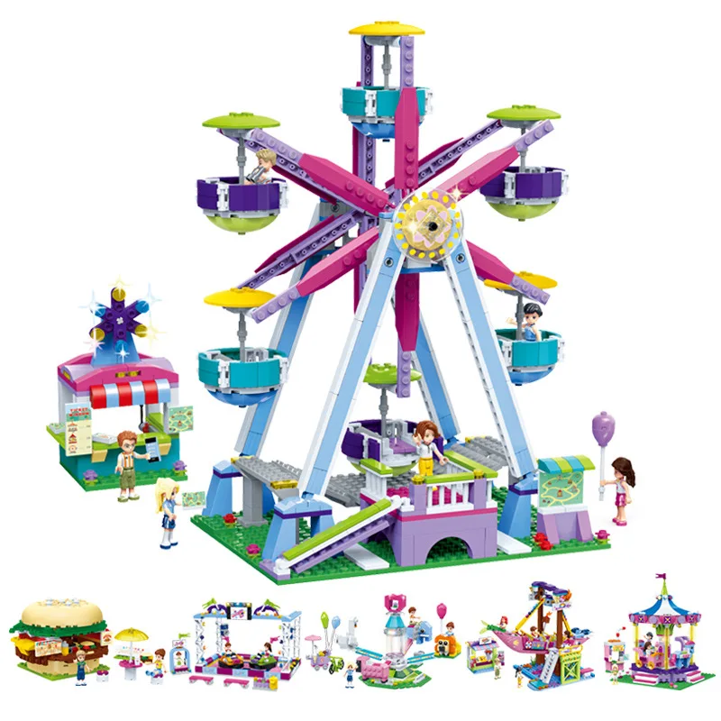 

Modern Girl Series Burger Shop/Mermaid Ship/Rotating Animals/Carousel/Ferris Wheel Building Blocks Toys For Children Girl Gifts