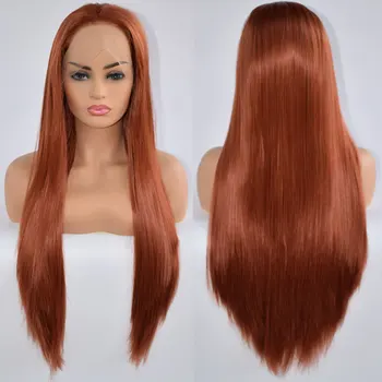 

Orange Red Straight Synthetic 13*3 Lace Front Wig Heat Resistant Fiber Hair Middle Parting Natural Hairline For Women Daily Wigs