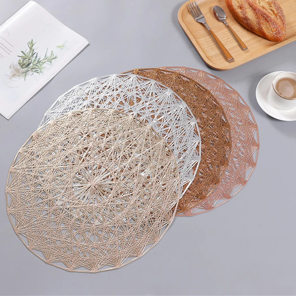 

2019 38cm Gold Silvery Round Placemats Kitchen PVC Table Mats For Dining Table Drink Coasters Set Coffee Cup Pad Home Decor 4