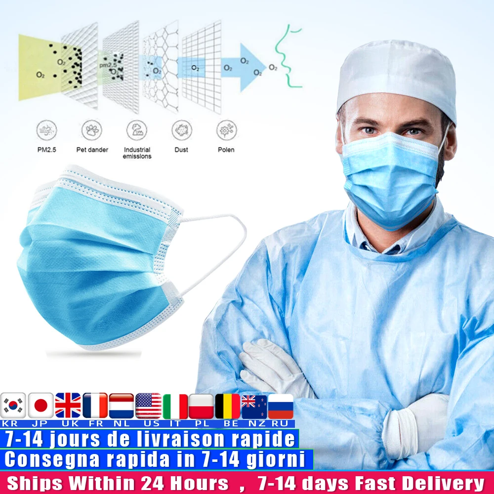 

50Pcs Disposable Protective Mask 3 Layer Nonwove Ply Filter Mouth Face Mask Anti-Dust Anti-Fog Meltblown Earloop Mouth Mask