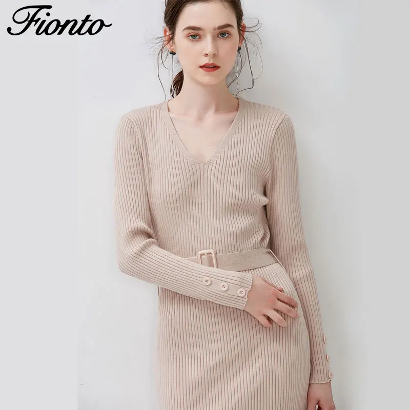 

Fionto Fashion 2019 Autumn Winter Lady Style Korean Long Sleeve Knitted Women Dress Female Dresses