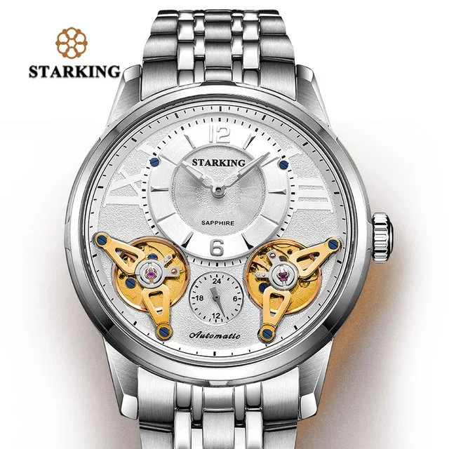 Старкинг Европа Мода автоматические часы двойной Турбийон Скелет часы для мужчин лучший бренд класса люкс нержавеющая сталь наручные часы - Цвет: AM0222SS11