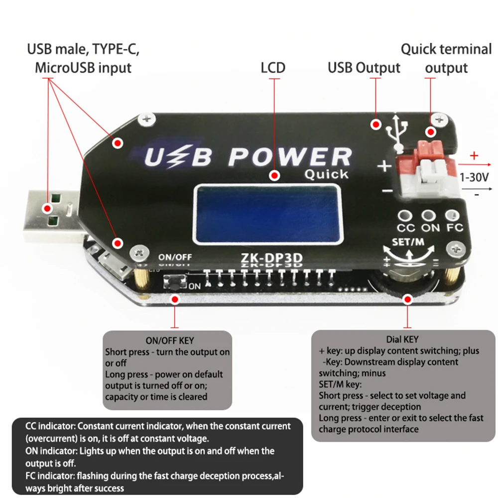 USB Регулируемый Модуль питания с цифровым управлением, постоянное напряжение, постоянный ток, мобильная линия повышения скорости вентилятора, контрольный Лер 15 Вт