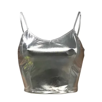 

98054 Fashion Short Slim tank top Sexy V-neck Women Sleeveless Vest Patent Leather Solid Slim Casual Short Tank Tops женский топ