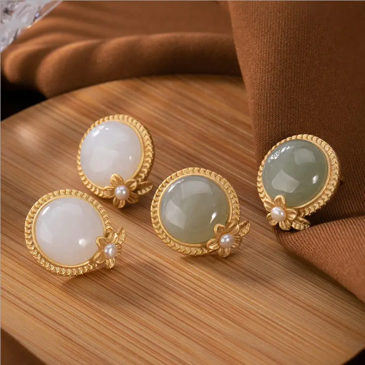 New silver inlaid natural and Baitian jade small flower earrings Chinese minority design palace style charm women's jewelry | Украшения