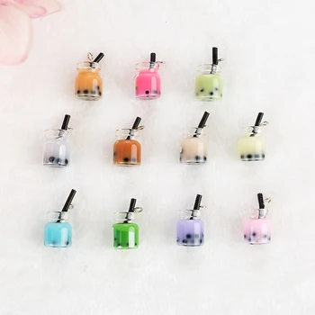 

15pcs Mix colors 3D Boba Tea Cup Mini Glass Bubble Milk Tea Sippy Cup Fruit slices Bottle Diy Charms Jewelry Accessory