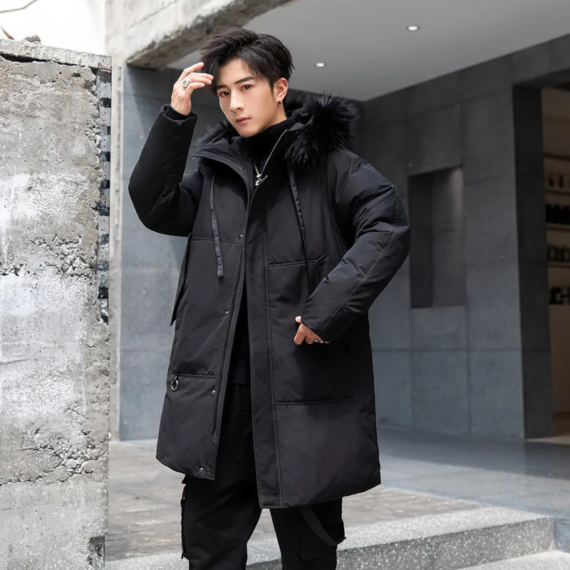 Winter Thick Warm Coat Casual Fur Collar Hooded Trench Coat High-End Mid-length down Jacket Men'S Wear