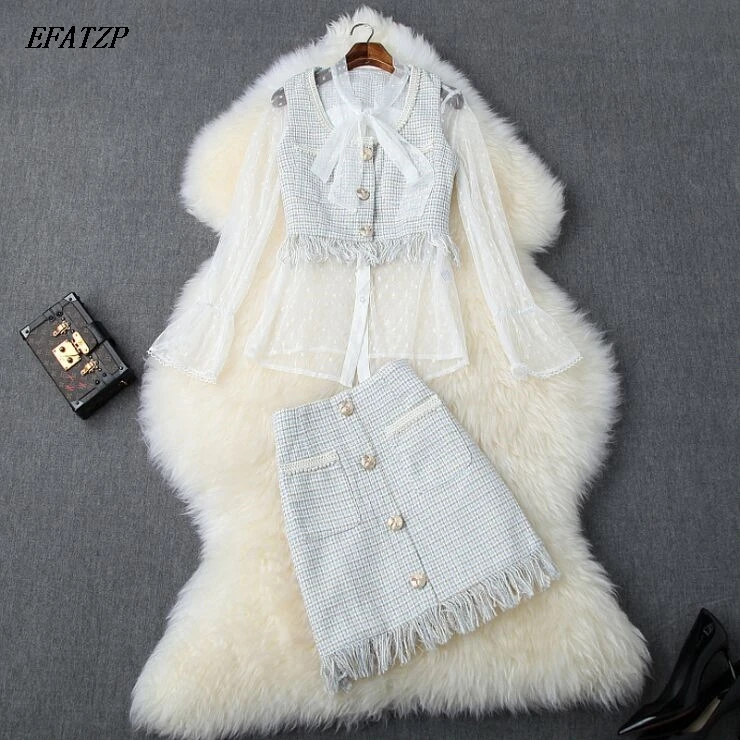 

EFATZP Brand New Fashion Fall Winter Skirts Suit Set Women 2019 Sexy Transparent Beading Tweed Woolen Skirt 3Piece Clothing Sets