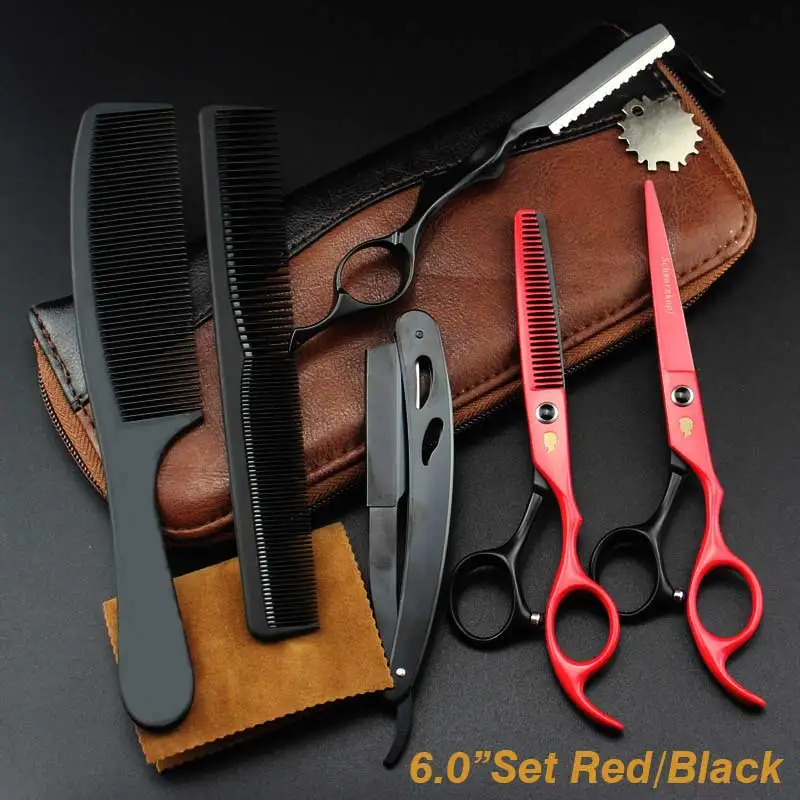 Red-Black Set2 Новые Профессиональные Парикмахерские ножницы для стрижки волос, набор парикмахерских ножниц, высококачественные парикмахерские ножницы, 6,0 дюймов, разные цвета - Цвет: Red-Black Set2