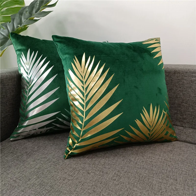 Modern Hot Selling Solid Super Soft Velvet Cushion Cover Square Throw Pillowcase Plant Leaves Beautiful Foil Printing Shiny Leaf 6