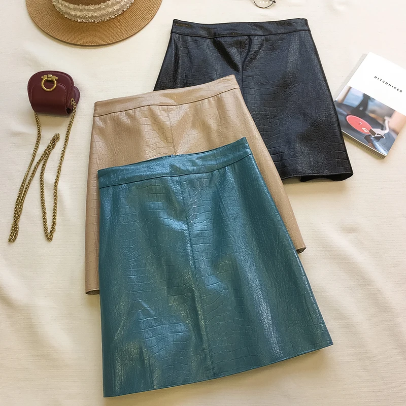 Women Skirt Spring Summer Casual PU Leather Skirt Women Elegant Zipper Mini A-Line Skirt Lady Skinny High Waist Skirts Black