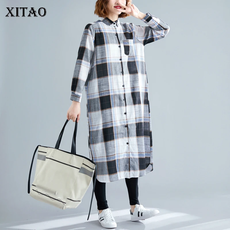 XITAO Лоскутная клетчатая Длинная блузка женская мода подходит ко всему корейскому карману отложной воротник винтажная рубашка Топ осень WQR1818