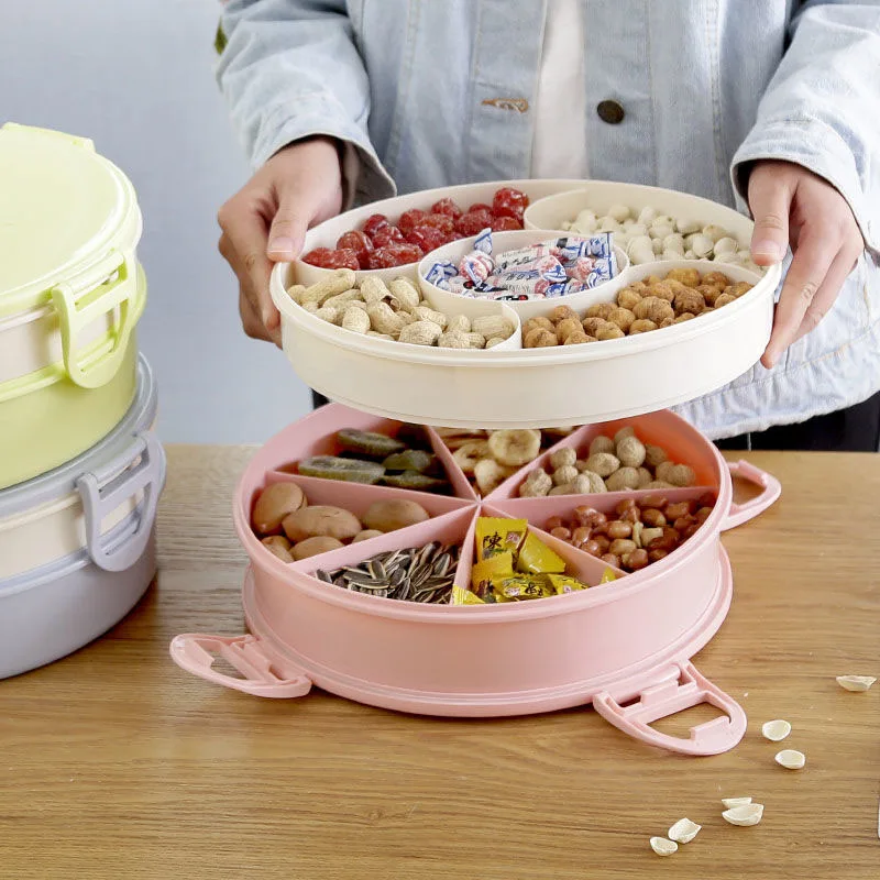 

Double-Layer Dried Fruit Plate Compartment With Lid Candy Box Living Room Snack Plate Nut Melon Box Creative Fruit Plate